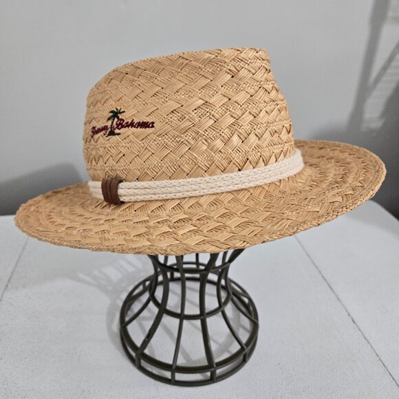 Tommy Bahama Panama Natural Raffia Woven Fedora Straw Hat OS Rope Embroidered